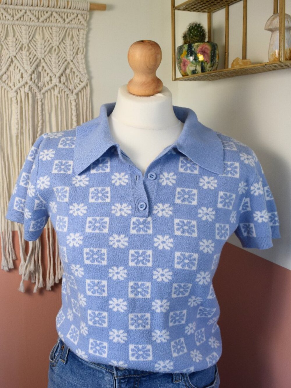 Derek Heart Blue Floral Knit Polo Top XL Y2K Retro Short Sleeve Sweater